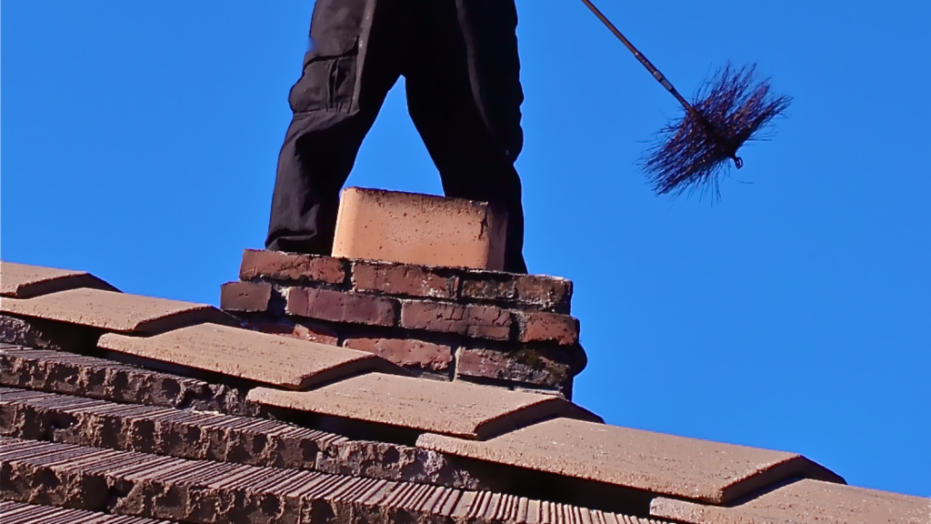 Chimney sweep cleaning chimney on rooftop