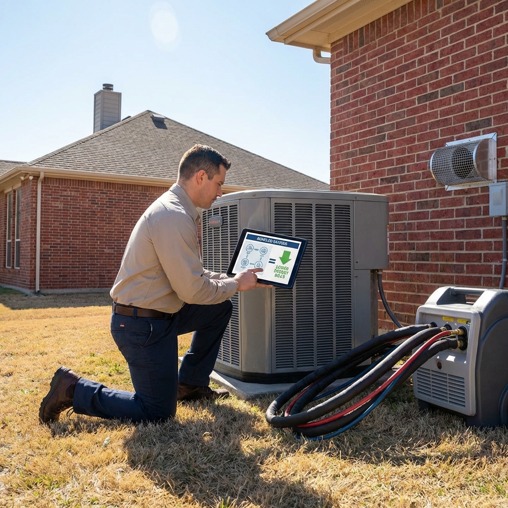 Technician inspecting residential HVAC unit with diagnostic tools
