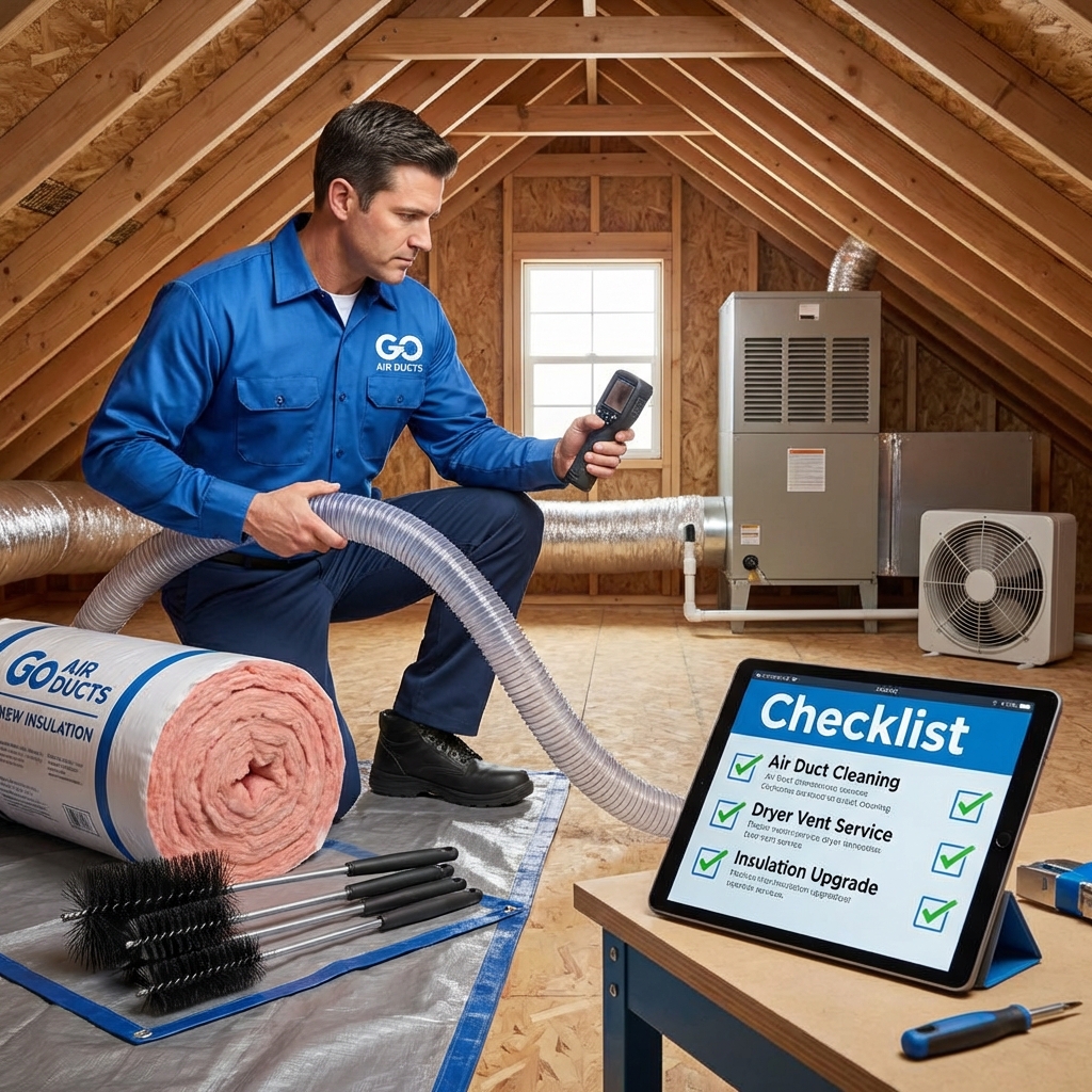 Go Air Ducts technician inspecting HVAC system in attic