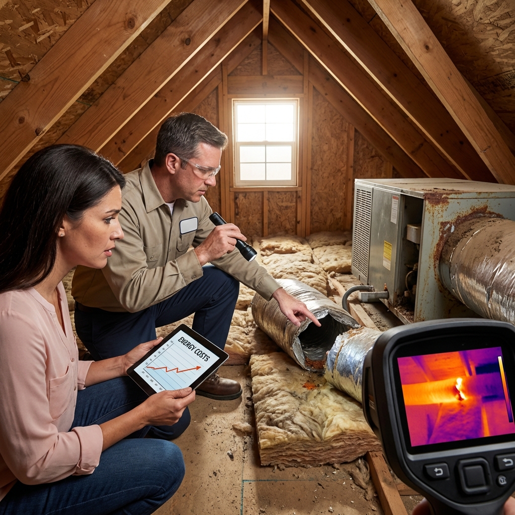 Technician showing a homeowner a damaged attic duct and rising energy costs during a Texas home assessment
