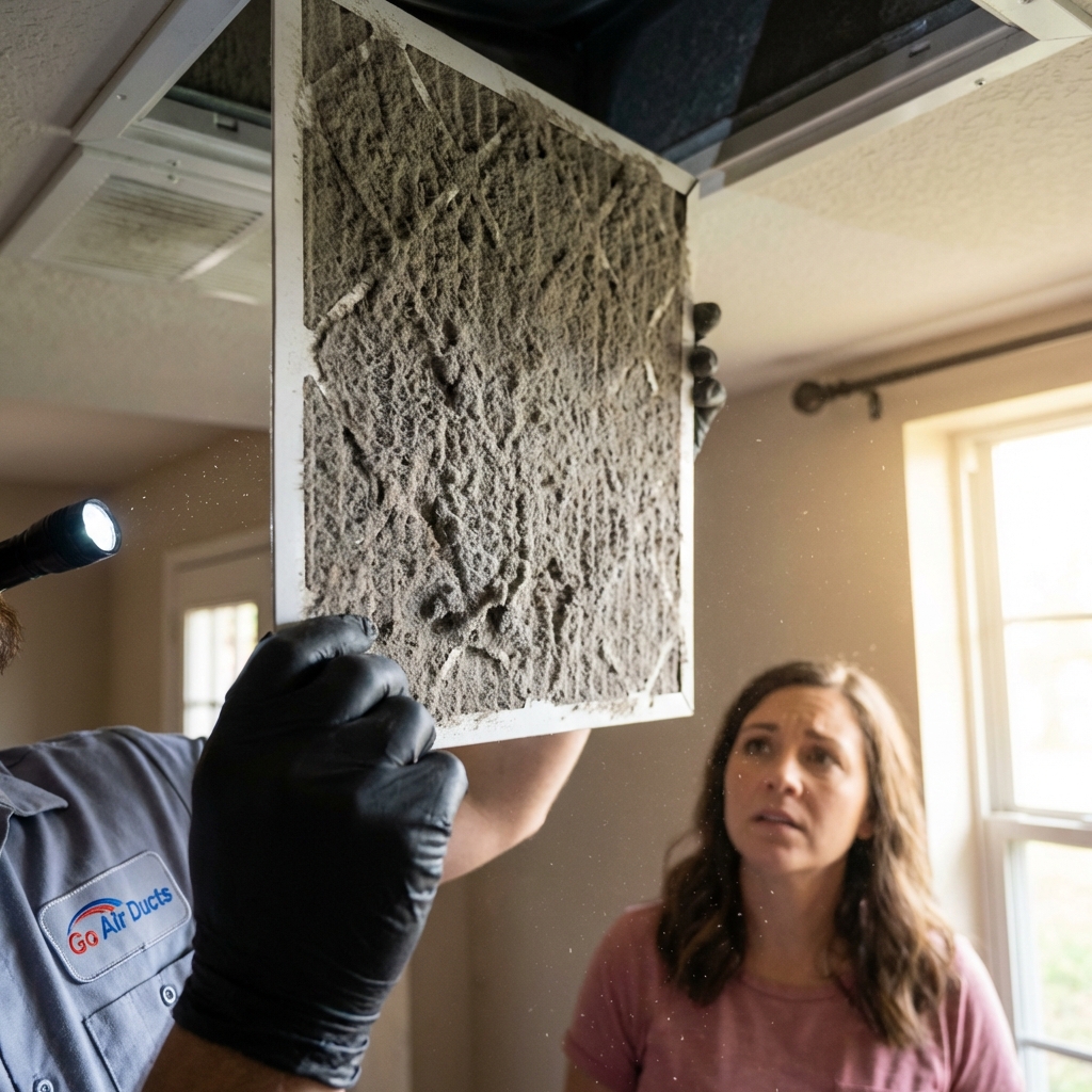 Technician showing a homeowner a dust-clogged air filter pulled from a Texas home ceiling vent