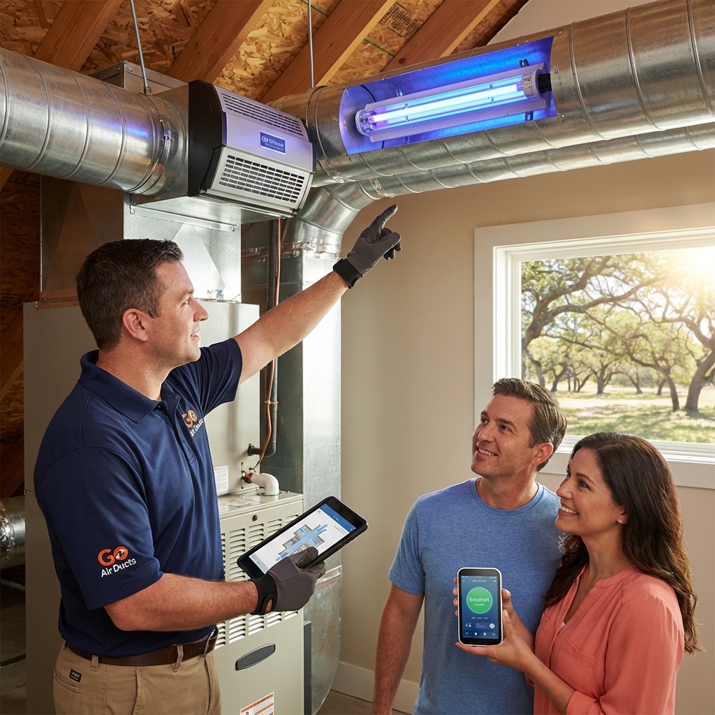 Go Air Ducts technician installing a high-MERV HEPA filter on an attic HVAC system in a Texas home