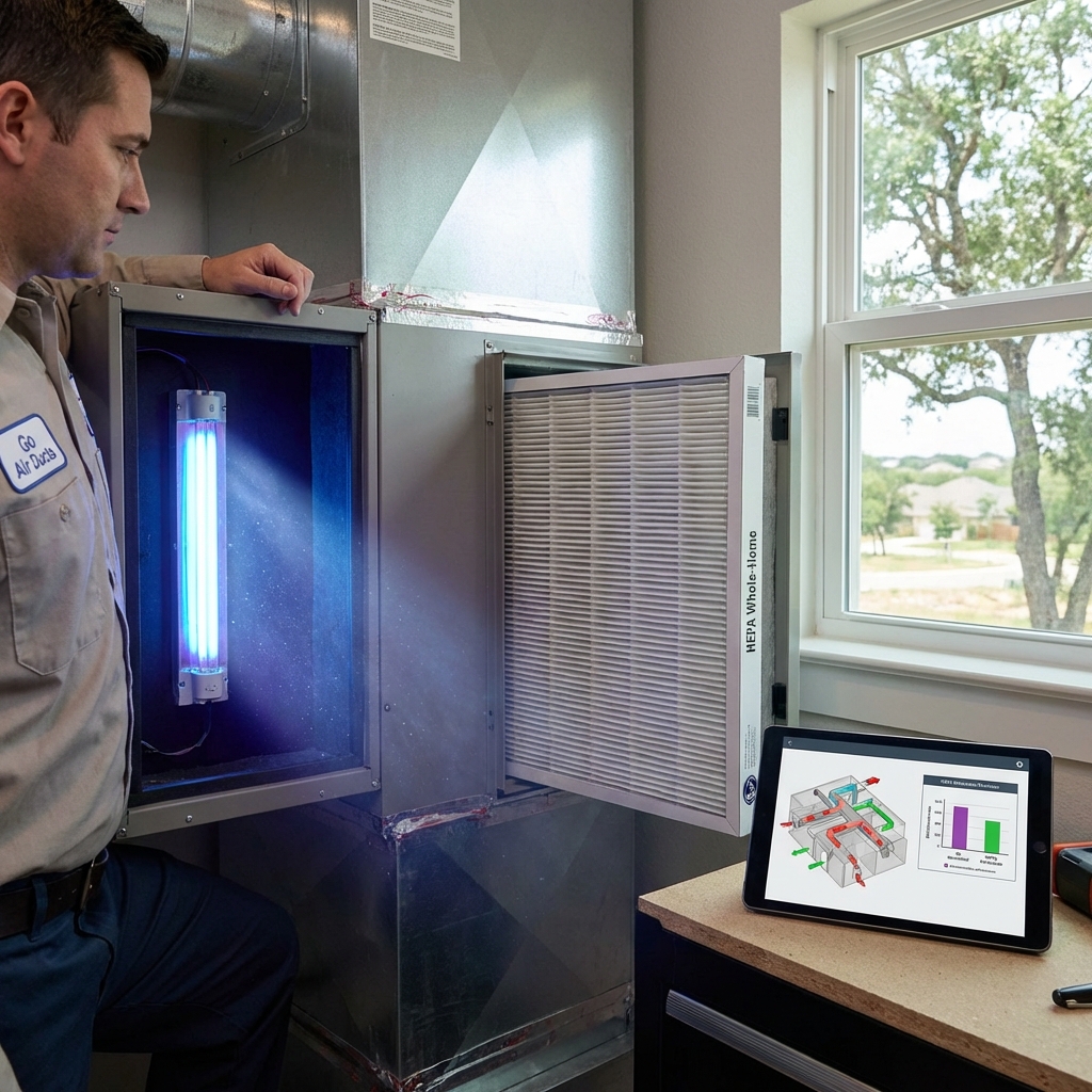 Go Air Ducts technician viewing a UV-C light and whole-home HEPA filter in an HVAC air handler