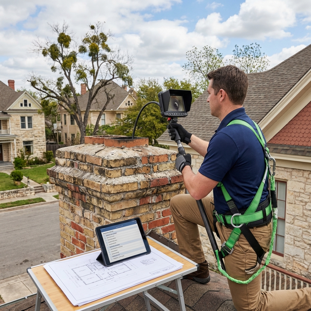 Technician using a chimney inspection camera on a historic home chimney in an Austin historic neighborhood