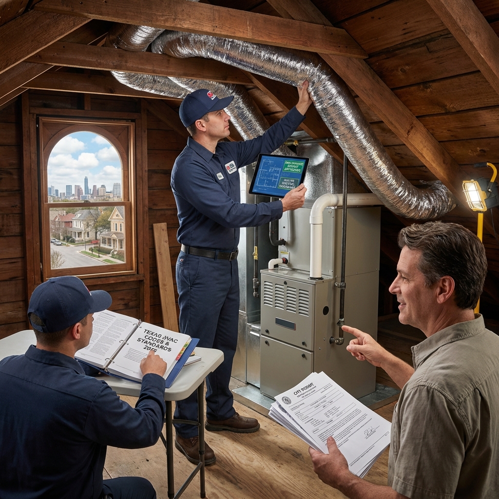 Technician inspecting attic ductwork beside a Texas HVAC codes binder during a historic home compliance review