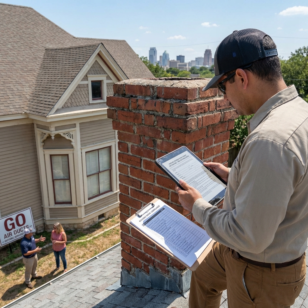 Technician reviews chimney permit compliance paperwork atop a brick chimney on a historic San Antonio home