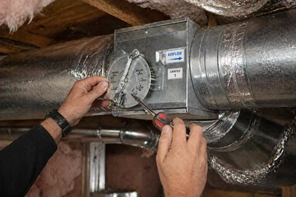 Technician adjusting HVAC duct damper to control airflow