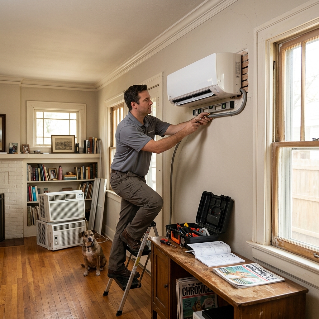 Technician installing indoor wall-mounted mini-split AC