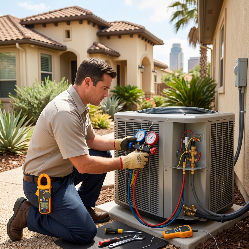 Technician checking outdoor AC unit with gauges