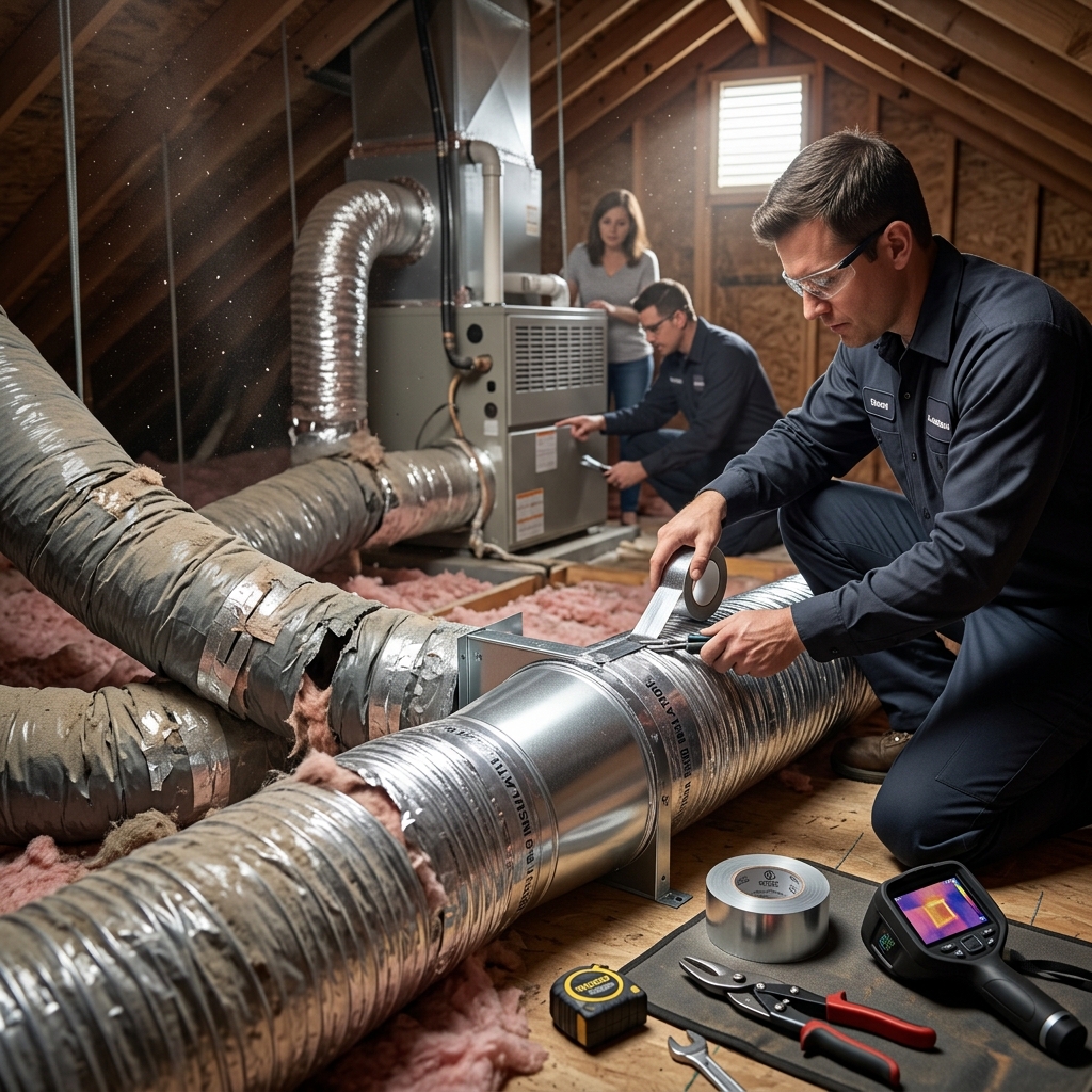 Technician sealing and taping attic HVAC ducts