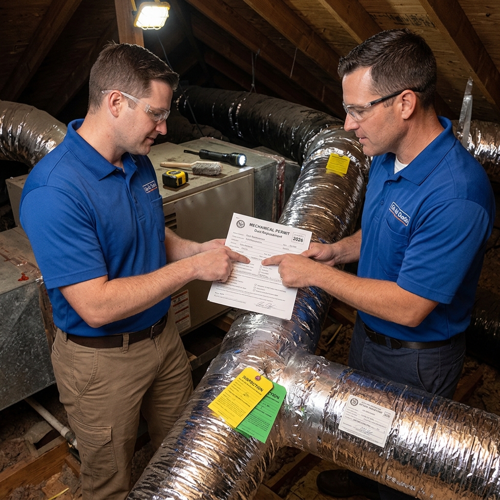 Two Go Air Ducts technicians reviewing a Texas mechanical permit for duct replacement in an attic
