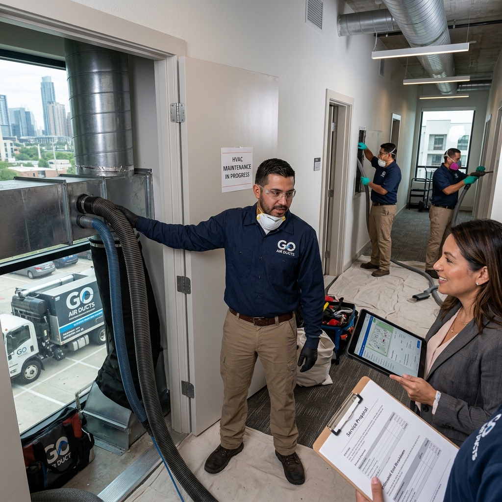 Go Air Ducts technician reviewing a multifamily duct cleaning job with an Austin property manager