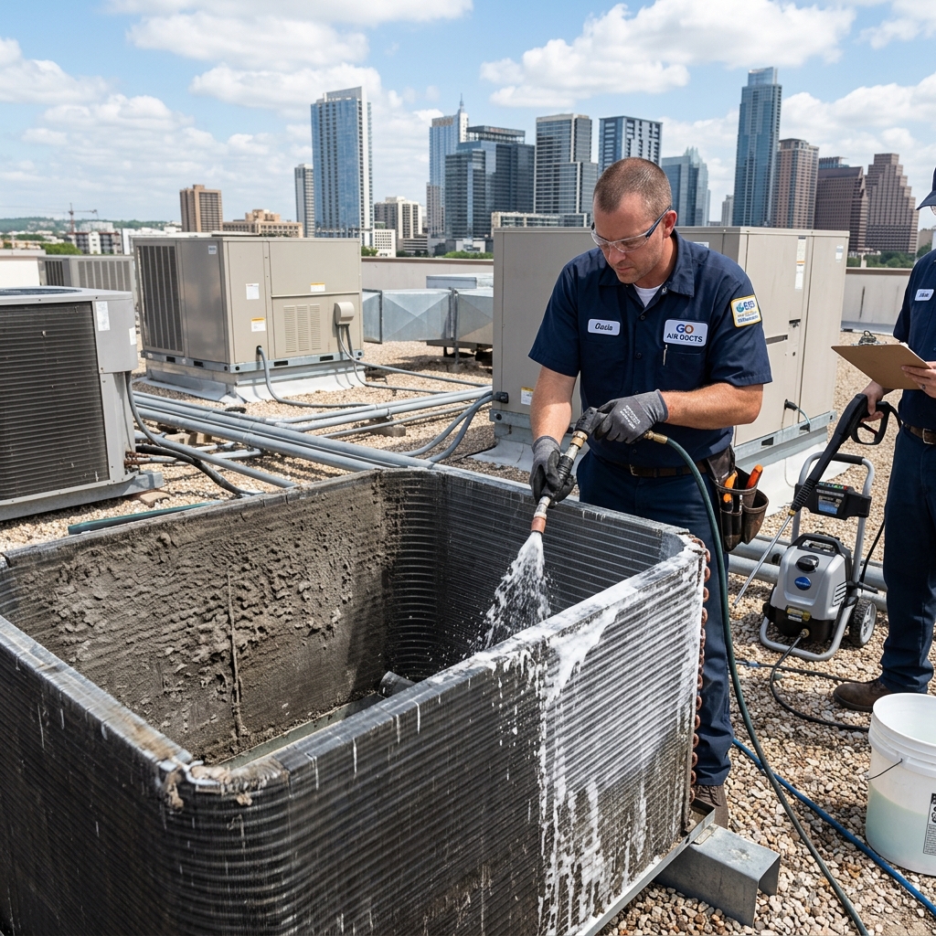 Go Air Ducts technician rinsing a rooftop commercial HVAC coil in Austin while a colleague logs results