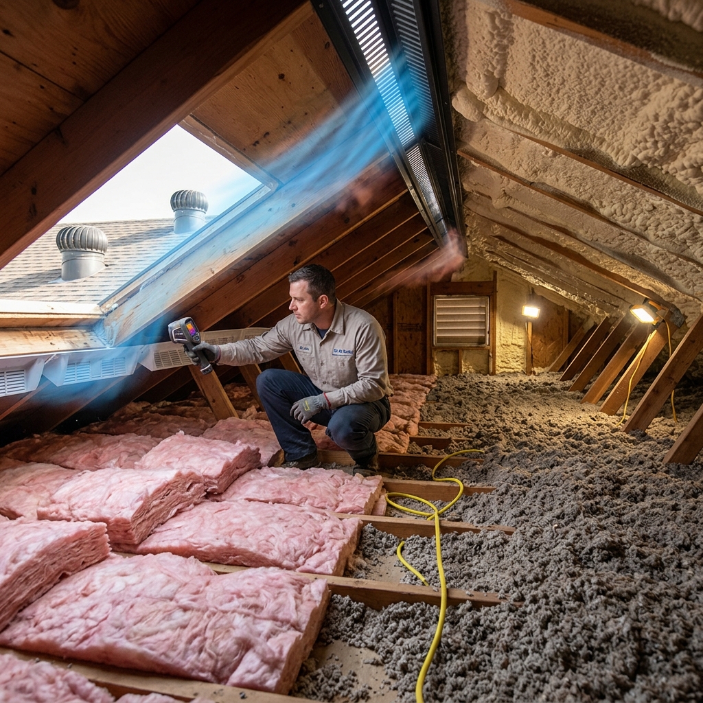 Technician using a thermal camera to inspect attic insulation and ventilation in a Texas home