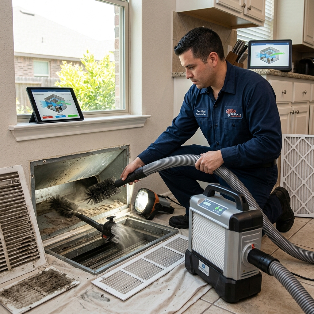 Technician cleaning and vacuuming air ducts