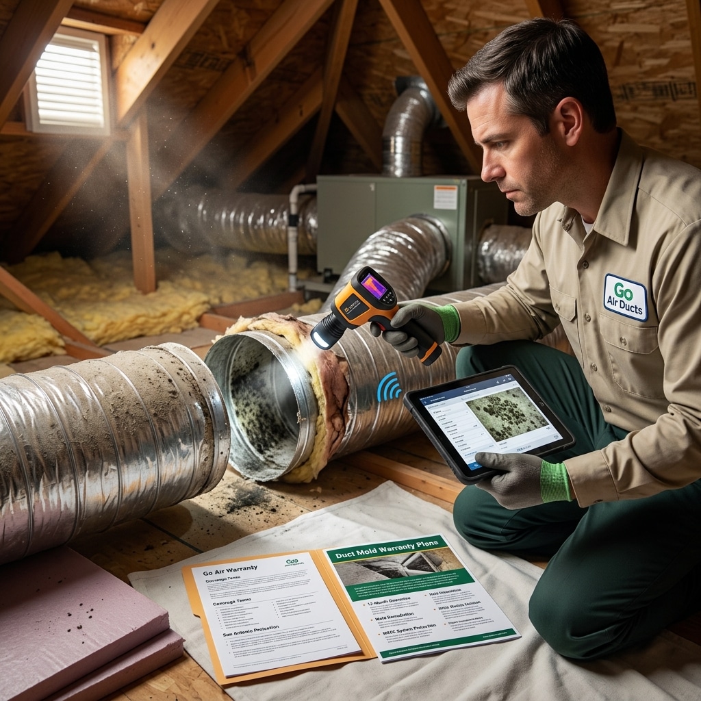 Go Air Ducts technician scanning a moldy attic duct with a thermal camera beside duct mold warranty plans