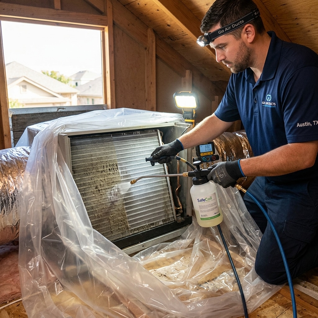 Go Air Ducts technician applying safe coil cleaner to an evaporator coil in an Austin attic