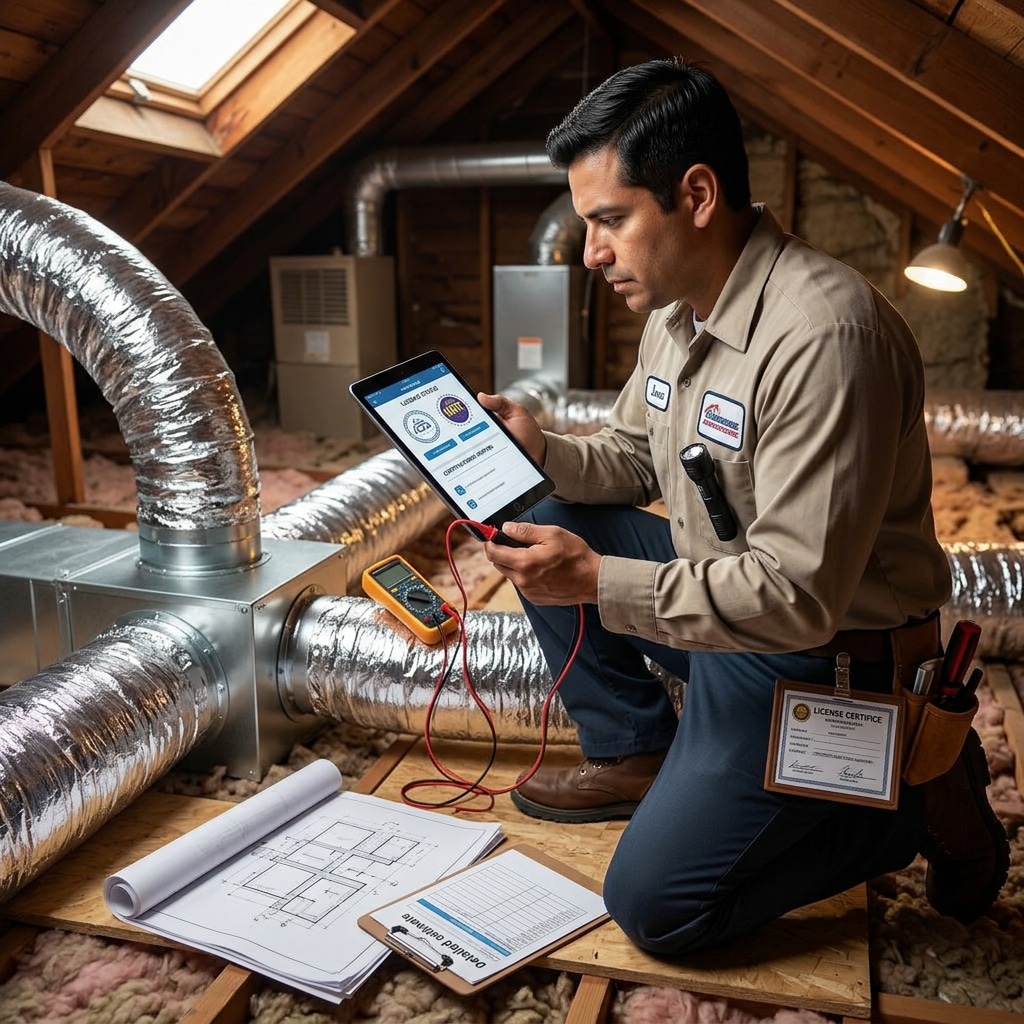 Go Air Ducts technician verifying licensing and certifications on a tablet while inspecting attic ductwork in Texas