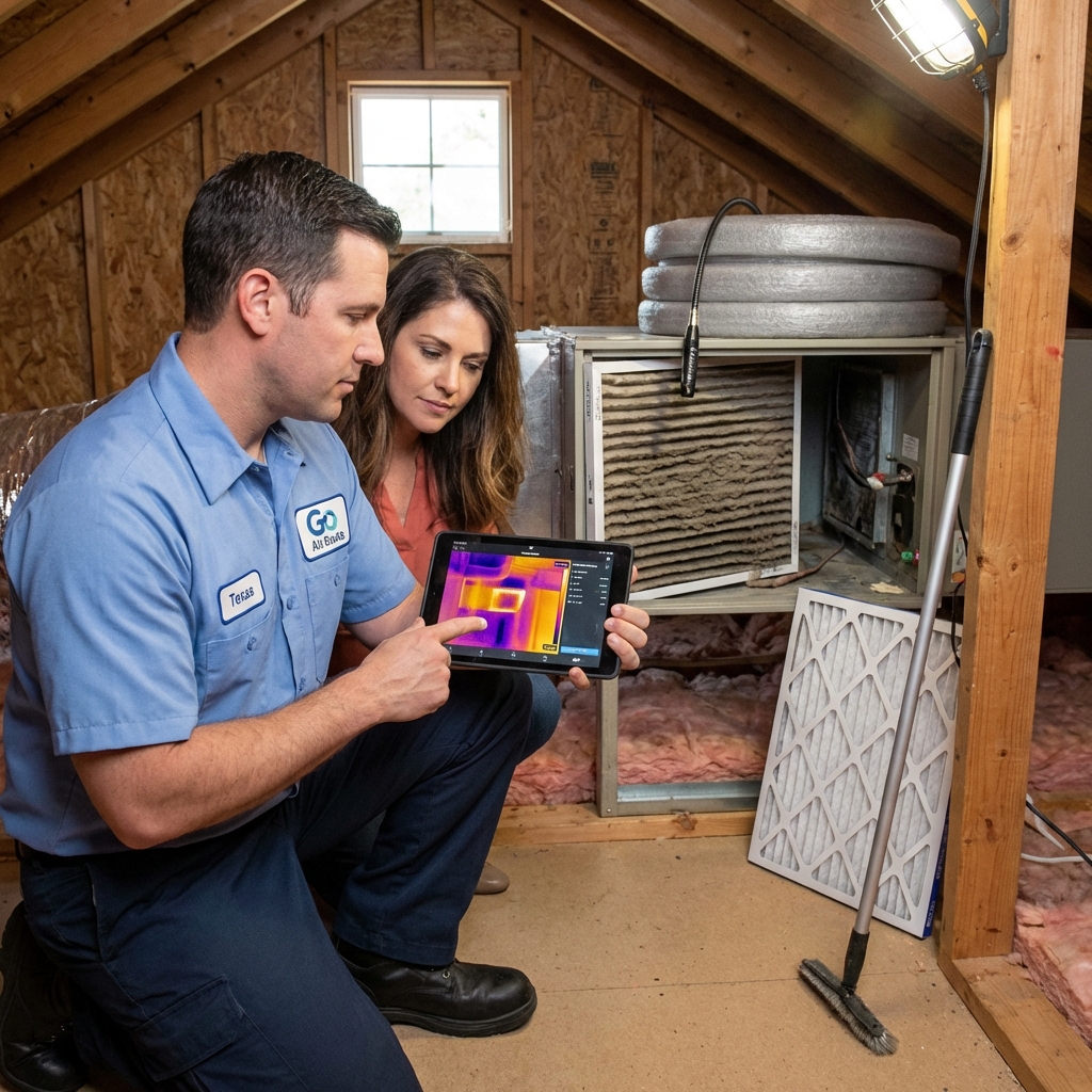 Technician showing a Texas homeowner thermal imaging results on a tablet during an HVAC air quality diagnostic in the attic