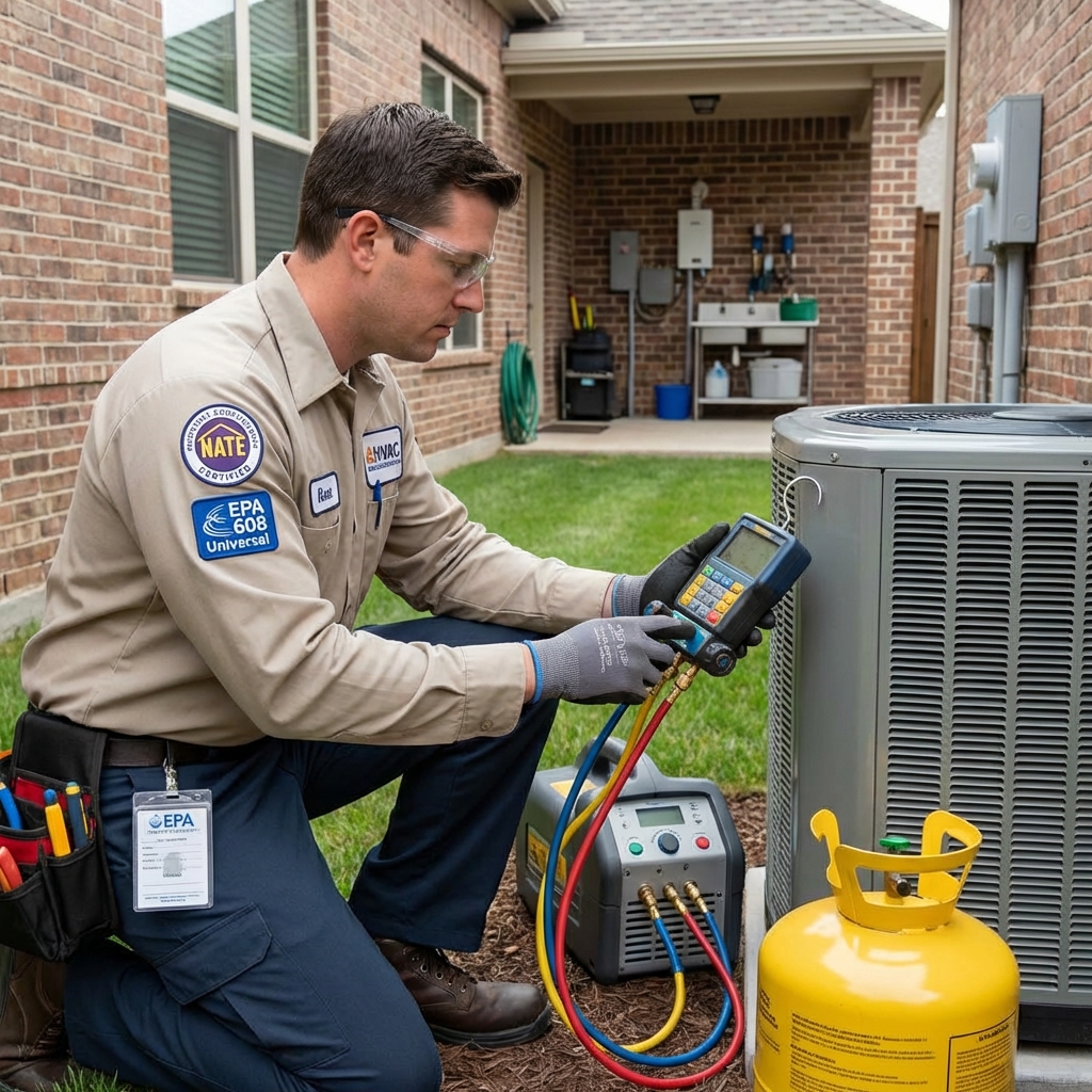 NATE and EPA 608 certified technician servicing an outdoor AC unit with refrigerant gauges