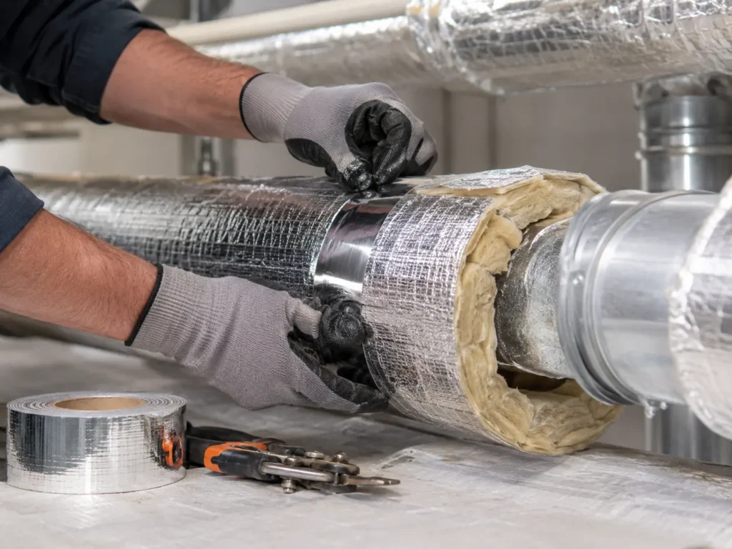 Technician securing insulation on HVAC duct with foil tape