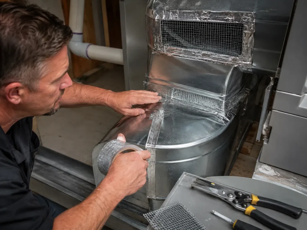Technician applying foil tape to HVAC duct joints