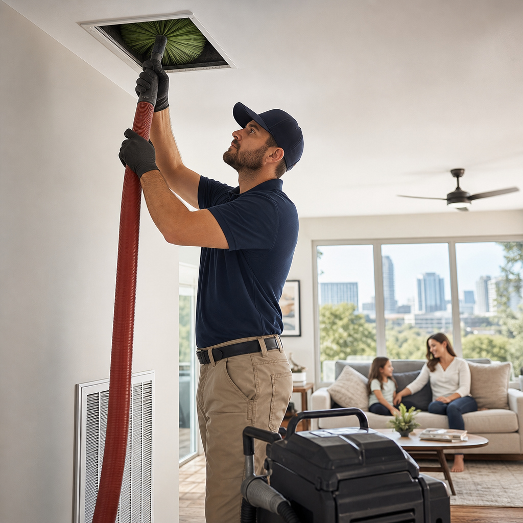 A professional Go Air Ducts technician uses a rotating green brush and red vacuum hose to clean a ceiling air vent while a family watches from the living room couch.