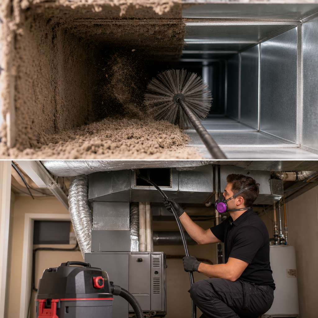 A split image showing a Go Air Ducts brush clearing heavy dust inside a metal air duct (top) and a technician wearing a respirator vacuuming basement HVAC system ductwork (bottom).