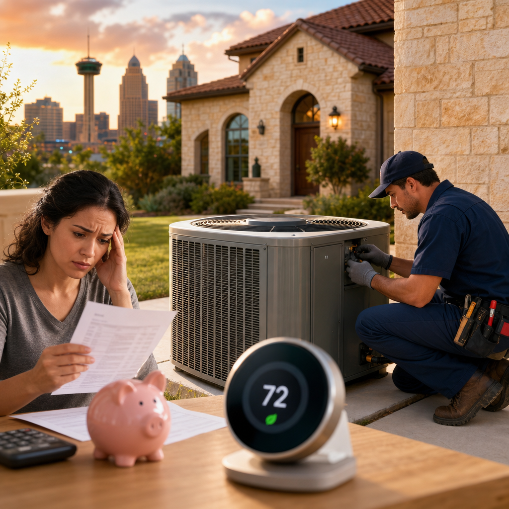 A concerned woman reviews high energy bills next to a smart thermostat and a Champion AC technician repairing an AC unit in the background.
