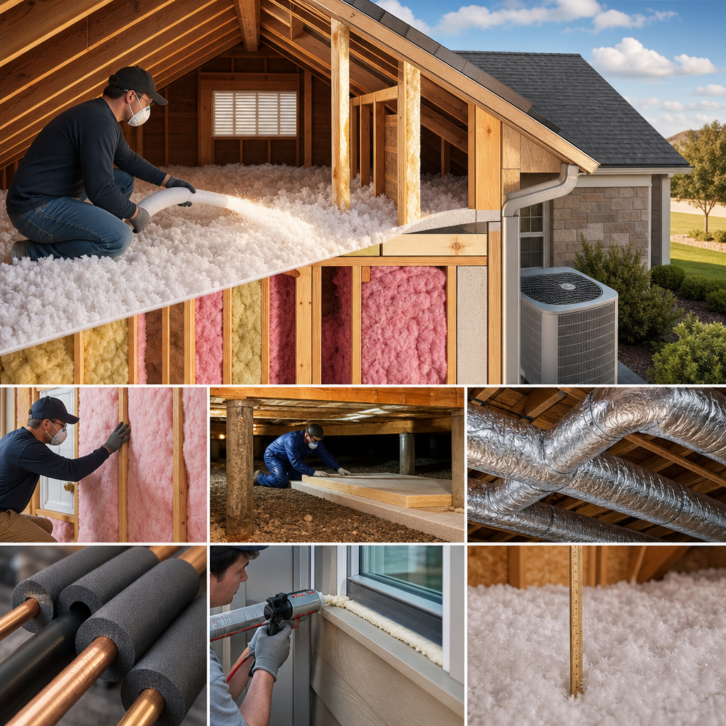 A detailed cutaway diagram of a house illustrating blown-in insulation, ductwork, and crawlspace services provided by Champion AC.