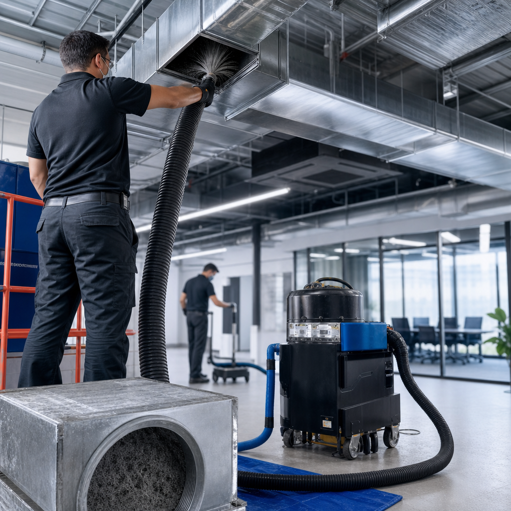 A professional Go Air Ducts technician cleans an open commercial overhead ventilation system in an office using a spinning brush and large black vacuum hose.