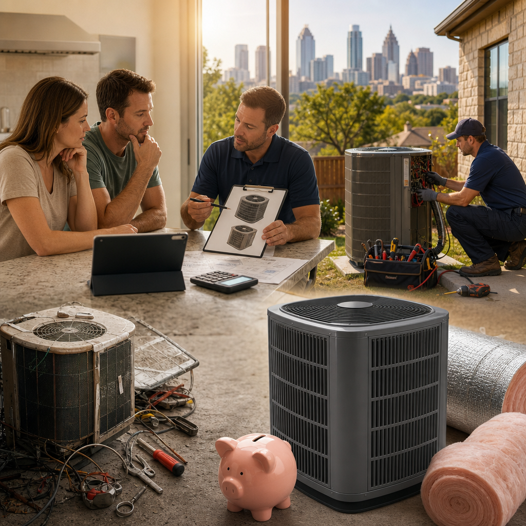 Composite photo showing a Go Air Ducts expert explaining a configuration diagram to a couple, paired with images of an old rusted condenser unit compared to a brand new energy-saving model next to a piggy bank.