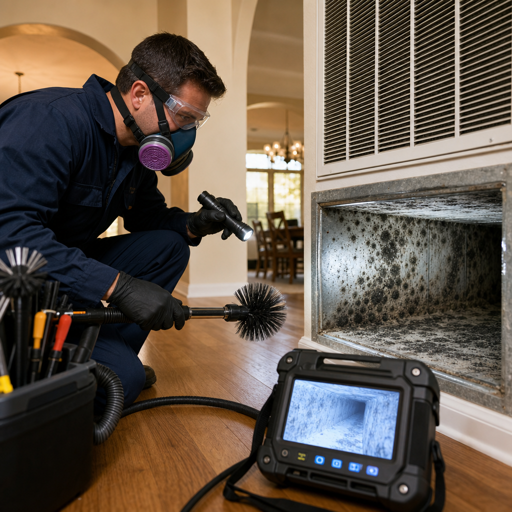 A Go Air Ducts technician with a respirator shines a light into a wall cavity covered in black mold spots during a video inspection.