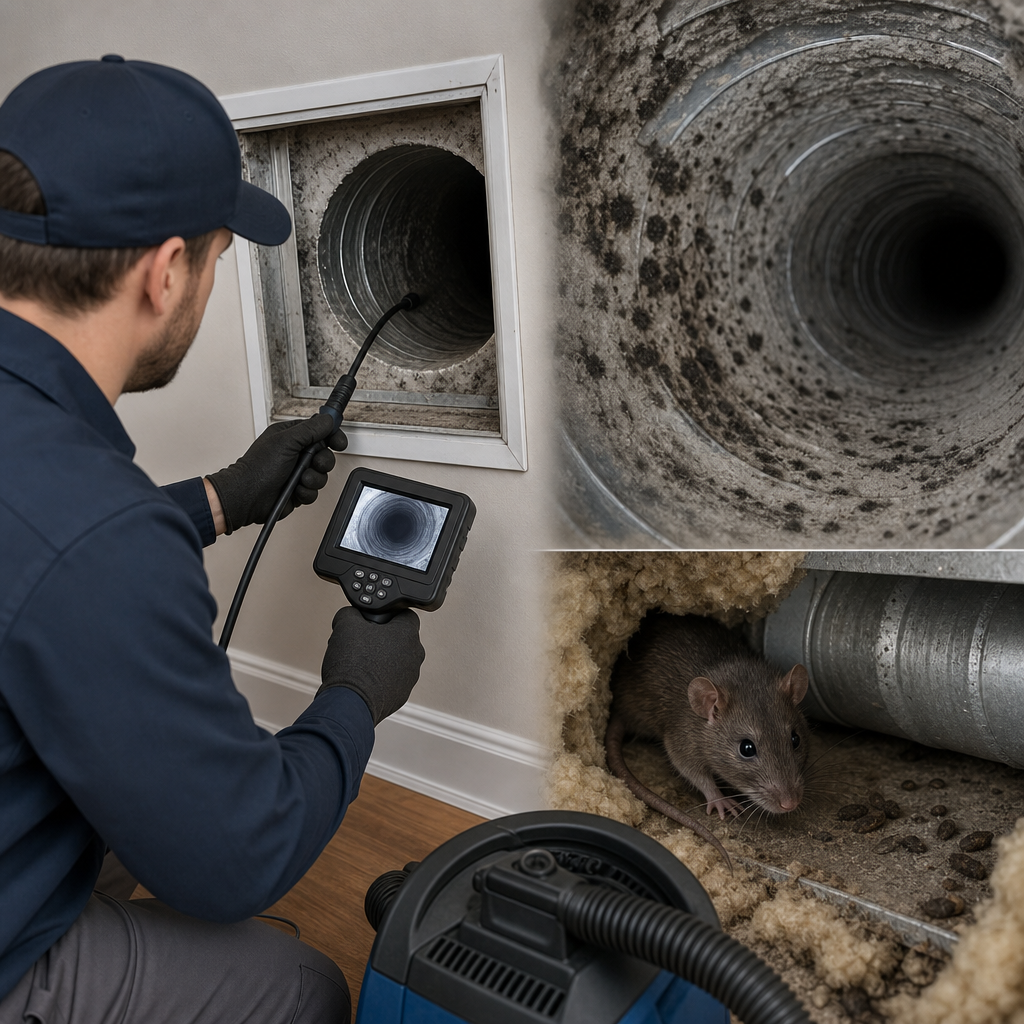 A multi-panel image showing a Go Air Ducts technician performing a camera inspection of a dirty mold-covered air duct, with an inset showing a rat nesting near contaminated insulation.