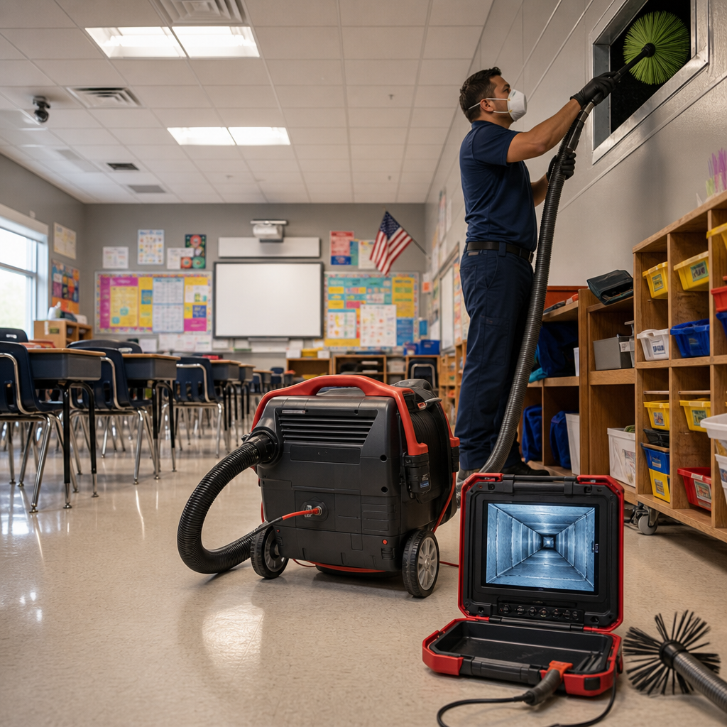A Go Air Ducts specialist cleans a high wall vent in a school classroom using an industrial negative-pressure vacuum system and an inspection monitor.