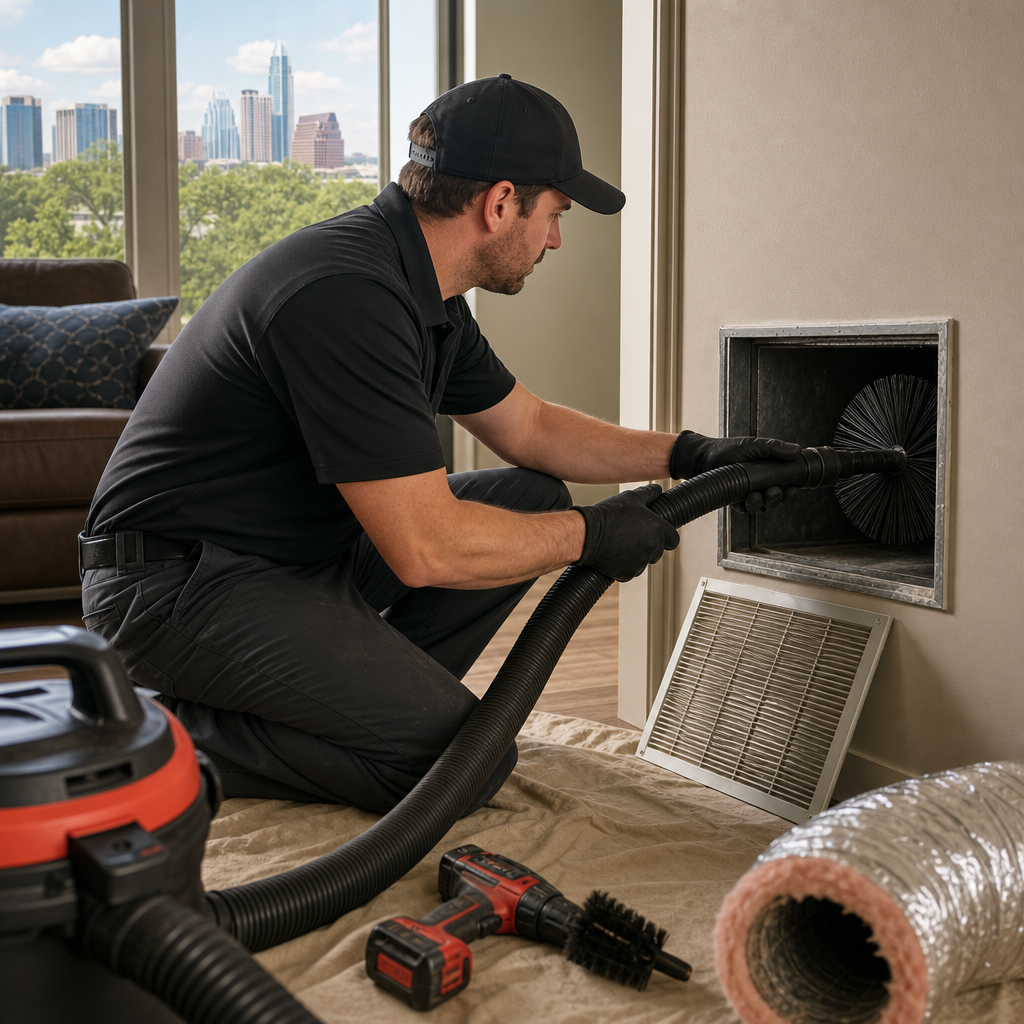 A Go Air Ducts service provider kneels on a drop cloth to clean a lower wall baseboard vent with a black rotary brush, with a city skyline visible through a window in the background.