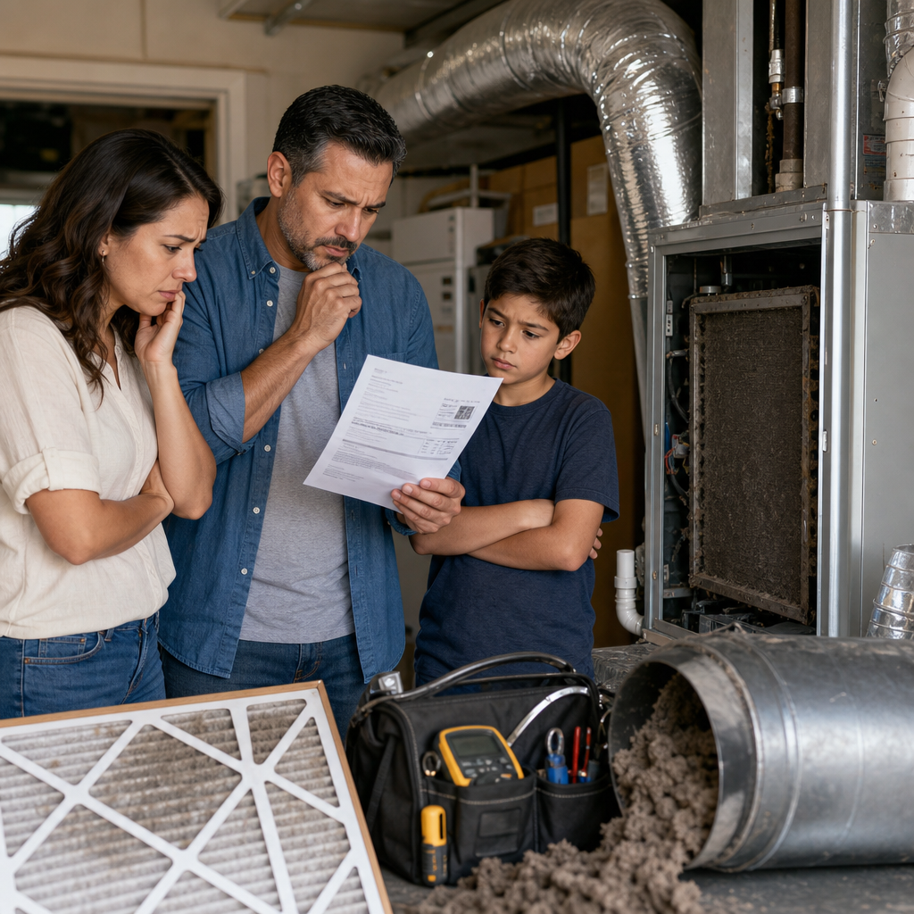 A stressed family stands in a basement looking over an expensive utility bill next to a heavily blocked Go Air Ducts furnace cabinet overflowing with gray dust and a dirty air filter.