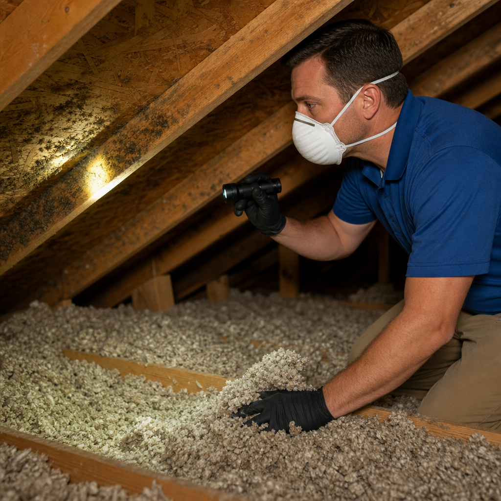 A Go Air Ducts technician crawling through loose fiberglass insulation inside an attic space, using a flashlight to audit dark mold patches on the wooden roof rafters.