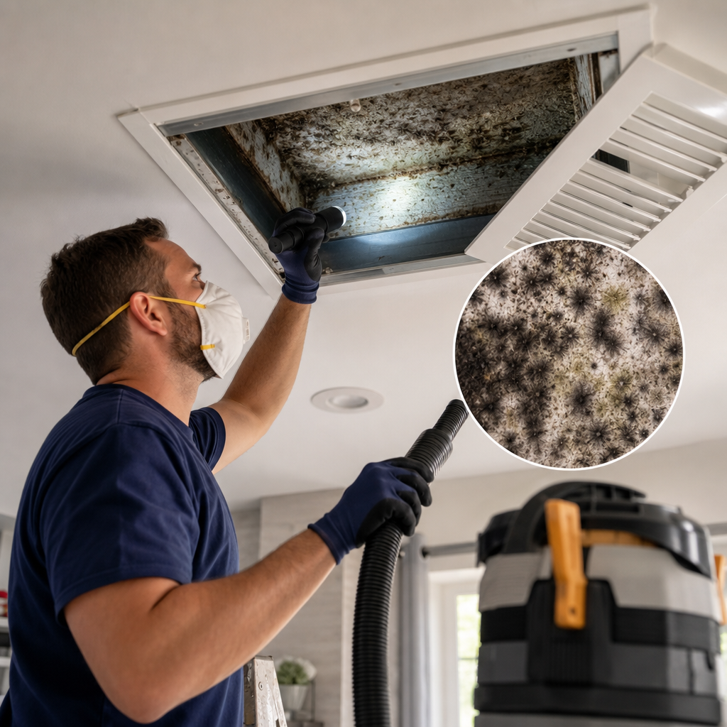 A masked Go Air Ducts worker examines a mold-covered rectangular ceiling air vent with a flashlight, featuring a circular macro zoom-in panel of thick black mold spores.