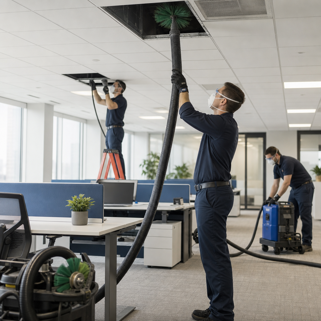 Three Go Air Ducts commercial specialists wearing protective masks use industrial vacuums and high-reach mechanical brushes to clean overhead vents throughout a modern open office layout.