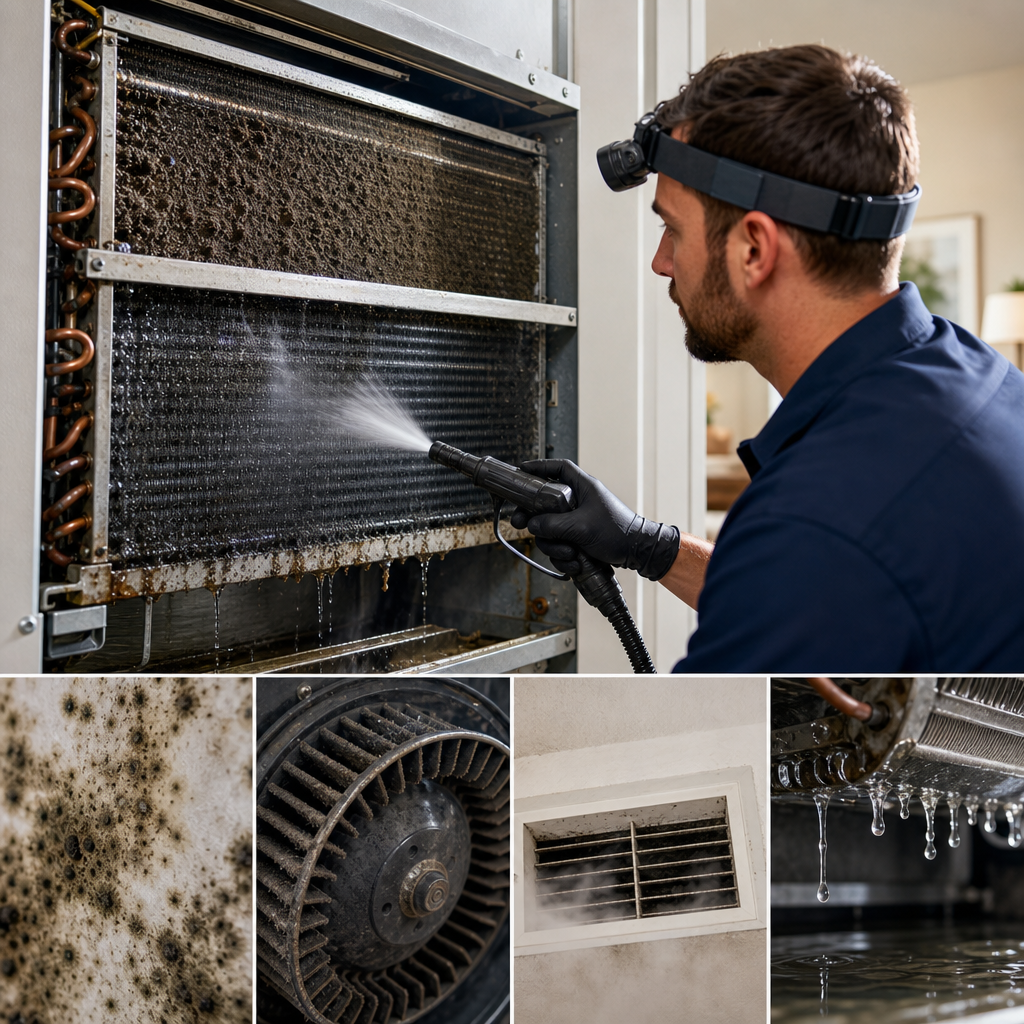 A Go Air Ducts technician uses a pressurized spray to wash heavy dirt off HVAC coils, with panels showing black mold, a dusty blower wheel, a soiled vent, and water runoff.