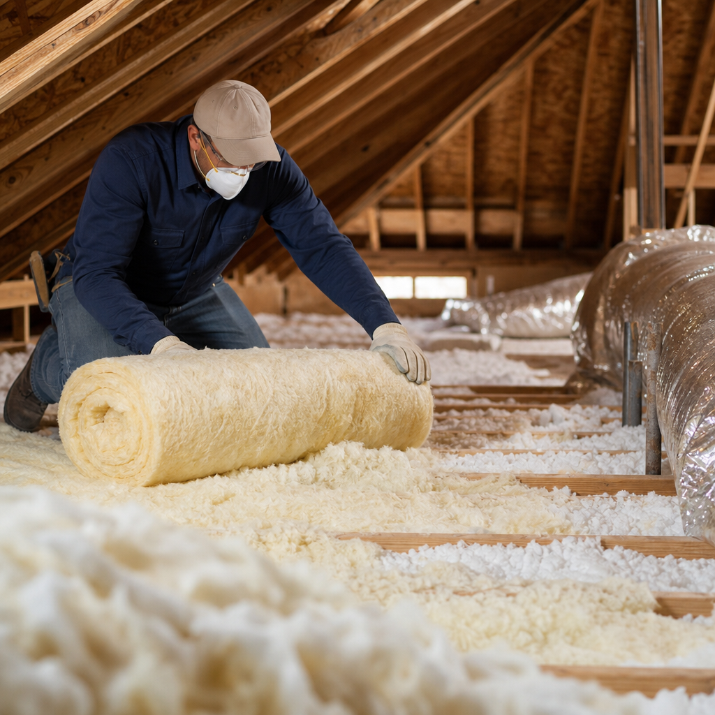A masked Go Air Ducts installer unrolls a thick blanket of yellow fiberglass insulation across the floor beams of a home attic.