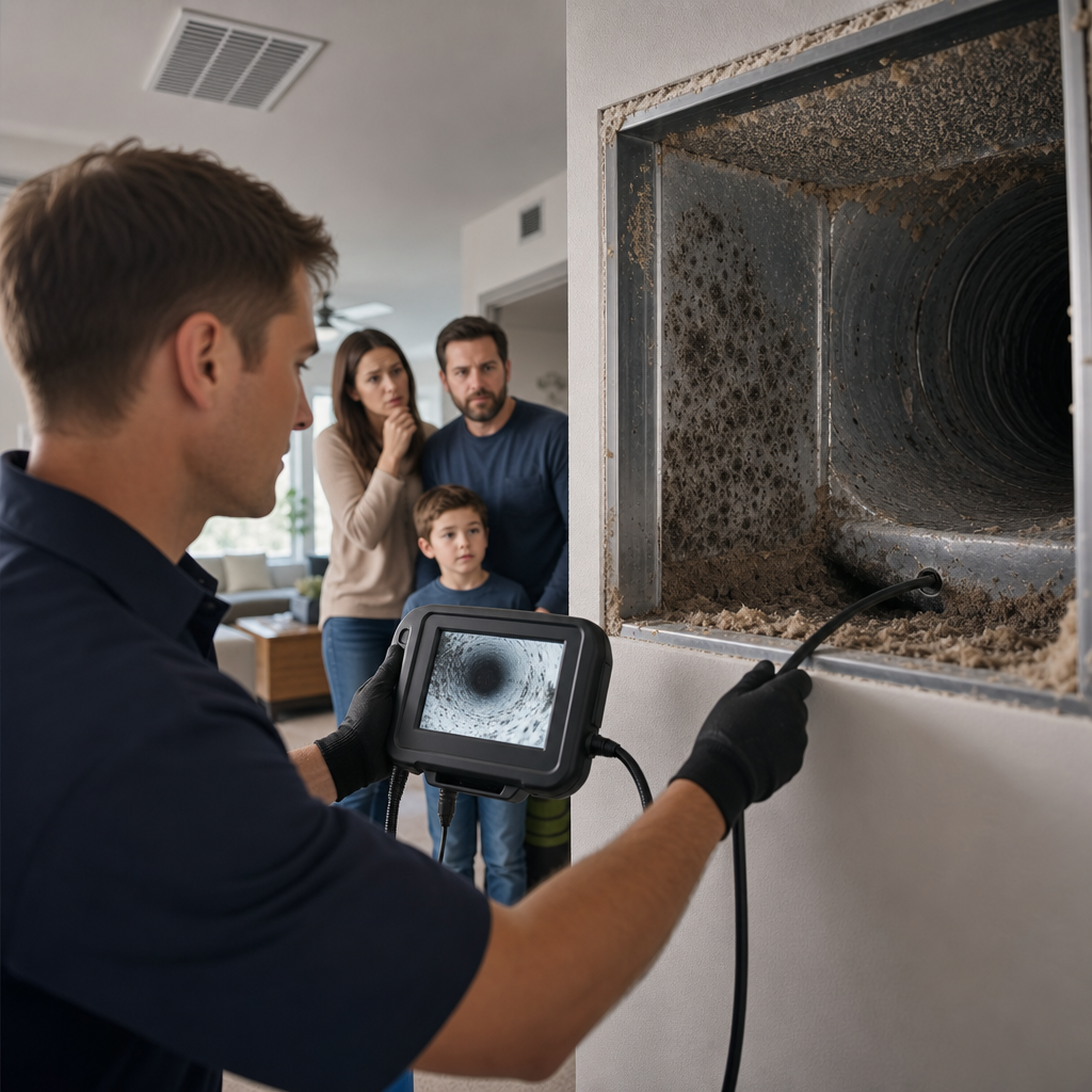 A Go Air Ducts technician uses a video scope probe inside a wall vent while a family watches the diagnostic screen showing dust buildup.
