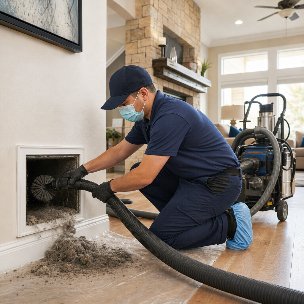 A masked Go Air Ducts specialist pulls a massive pile of gray dust out of a lower wall return vent using an industrial vacuum system.