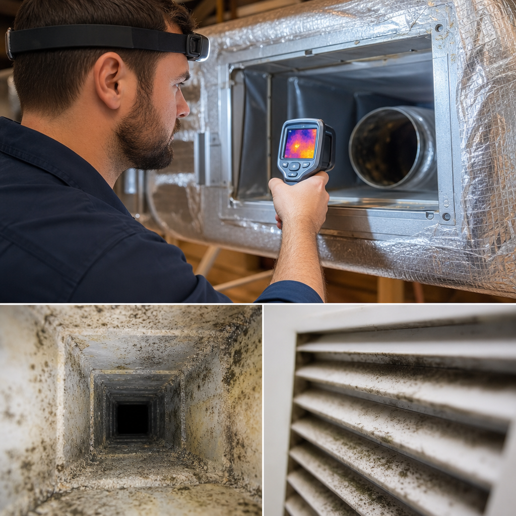 A Go Air Ducts inspector scans a metal duct opening with a thermal imaging camera, with inset images showing thick interior dust and a dirty slatted vent cover.