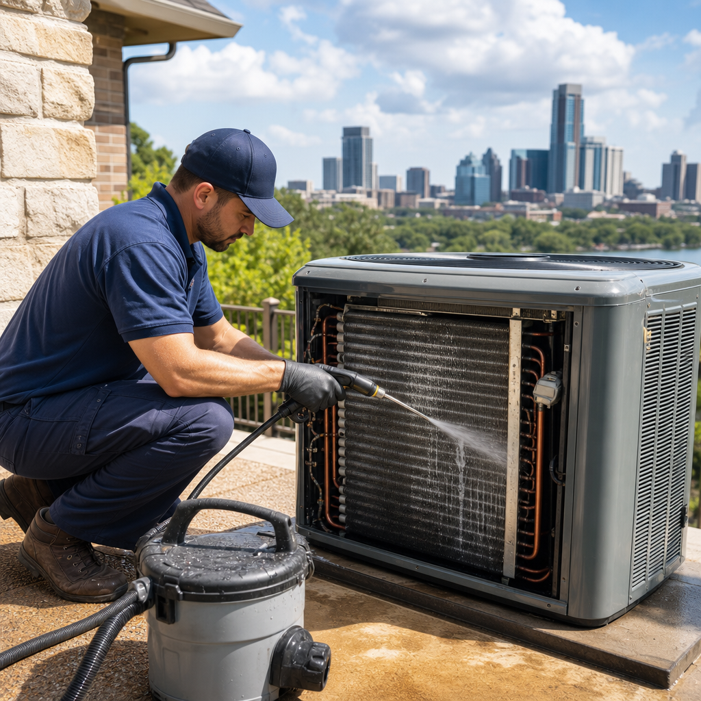 A Go Air Ducts specialist power washes the metal cooling coils of an outdoor AC condenser unit with a high-pressure water spray against a city skyline.