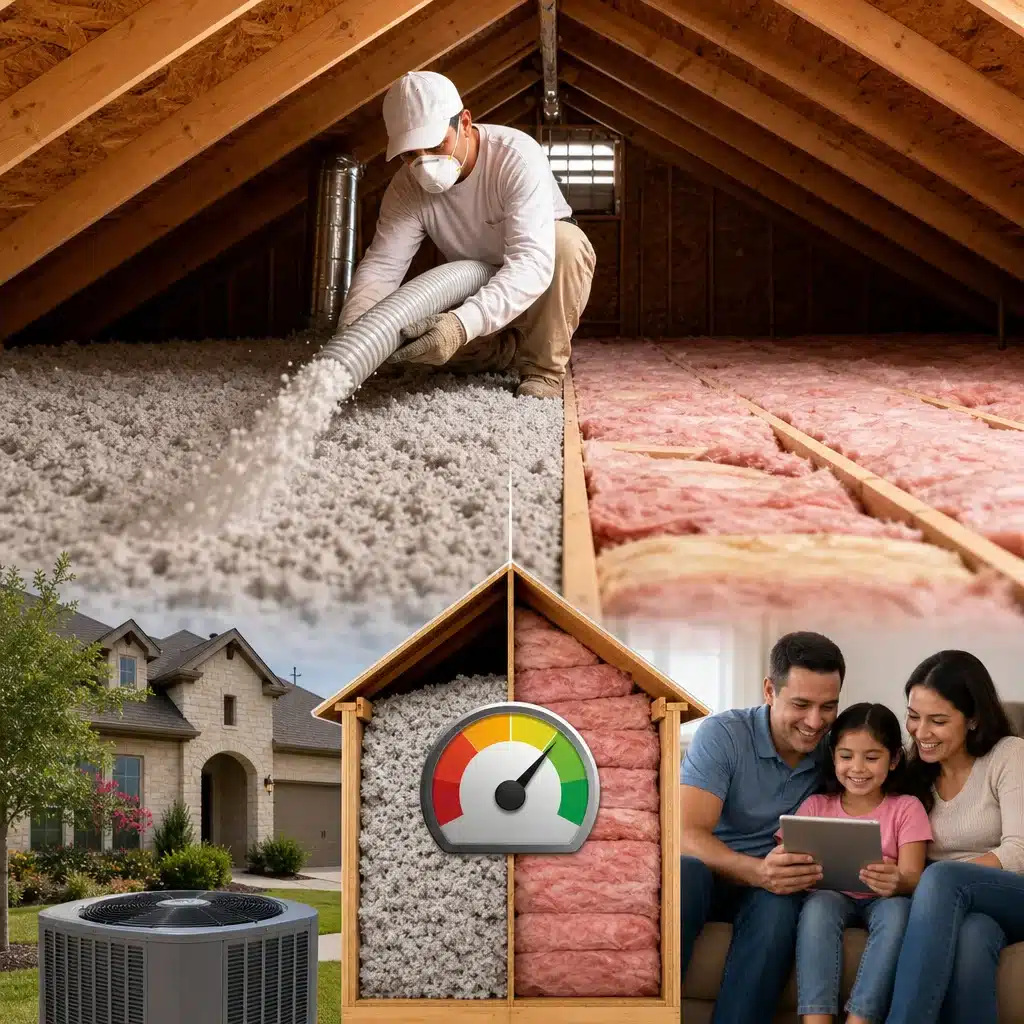 A split collage featuring a technician installing loose-fill attic insulation, an efficiency gauge graphic pointing to green, an outdoor AC compressor, and a happy family checking a tablet.