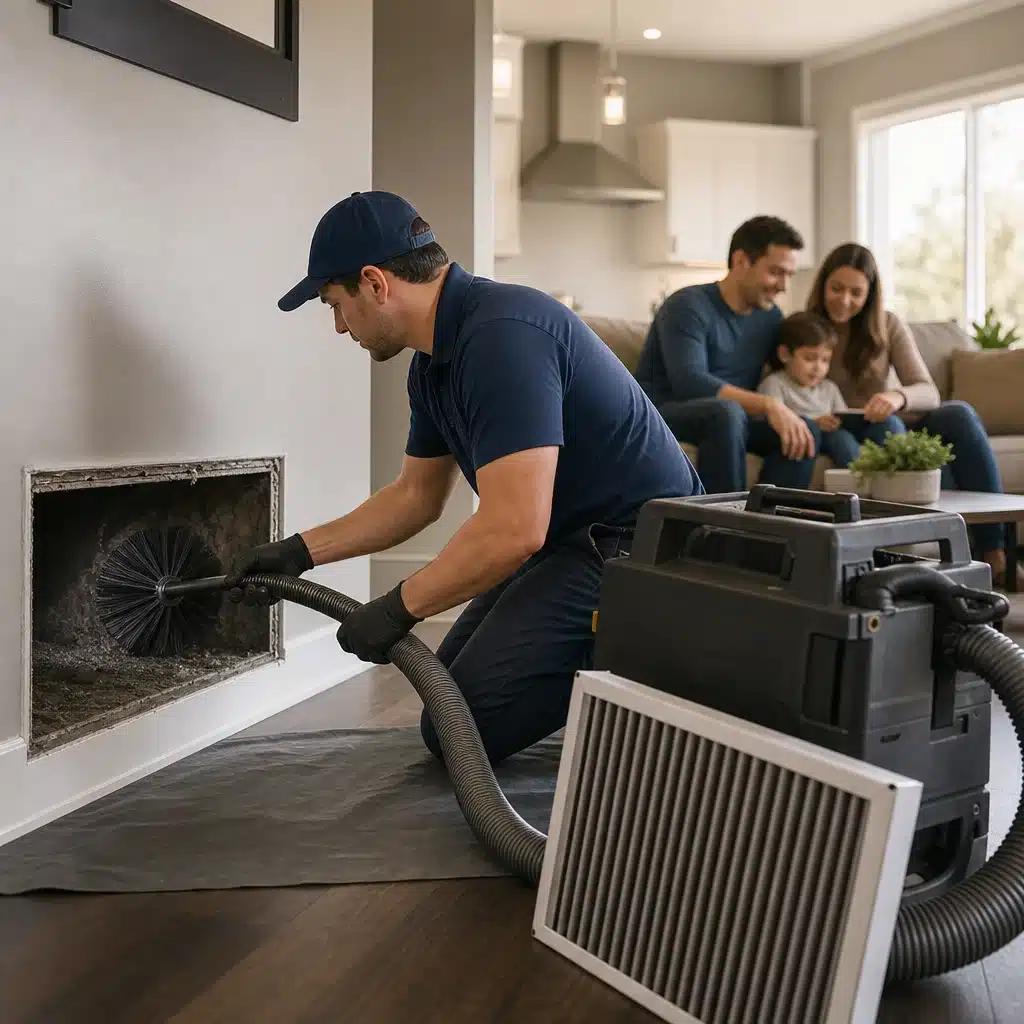 A Go Air Ducts specialist uses a long motorized rotary brush inside a rectangular wall air vent while a family watches comfortably from their living room sofa.