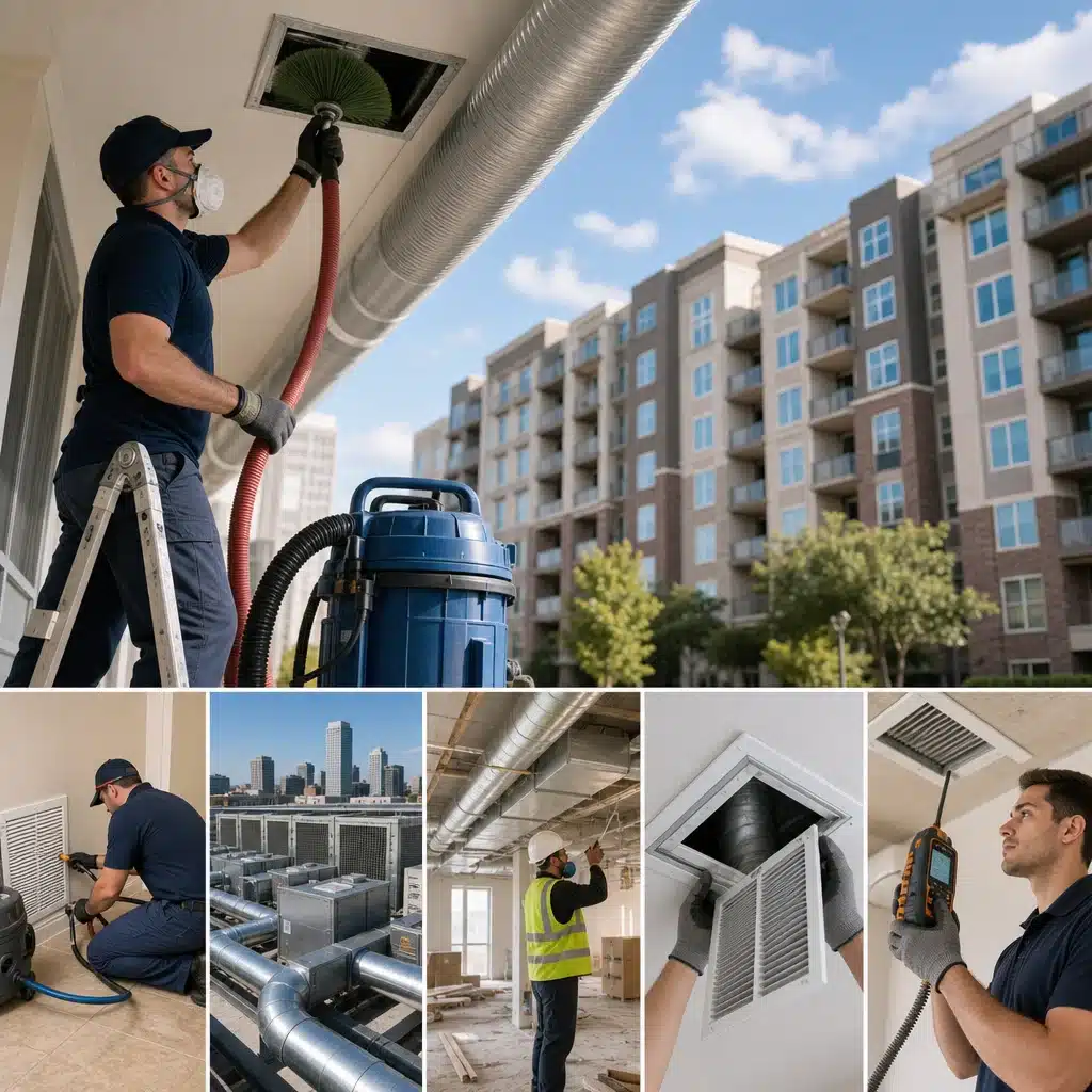 A multi-panel collage highlighting a Go Air Ducts professional cleaning apartment vents next to commercial rooftop units, multi-zone duct configurations, and digital airflow audits.