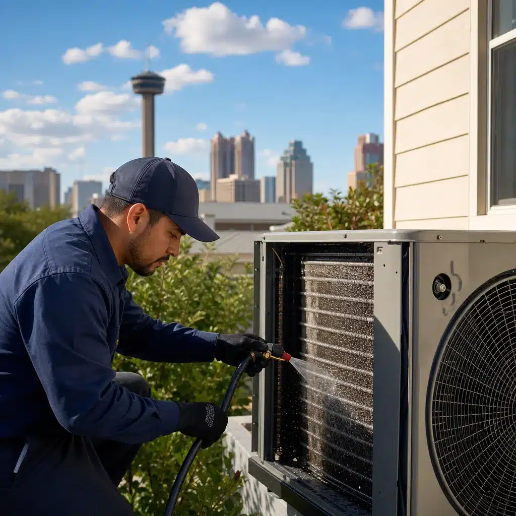 A Go Air Ducts service professional in a navy uniform uses a pressure wand to spray water onto the cooling coils of an outdoor air conditioning unit with a city skyline in the background.